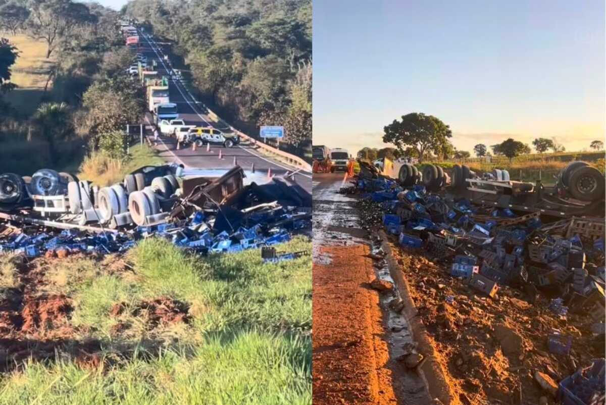 Carreta de cerveja tomba em rodovia, deixa três feridos e um morto na MS-377